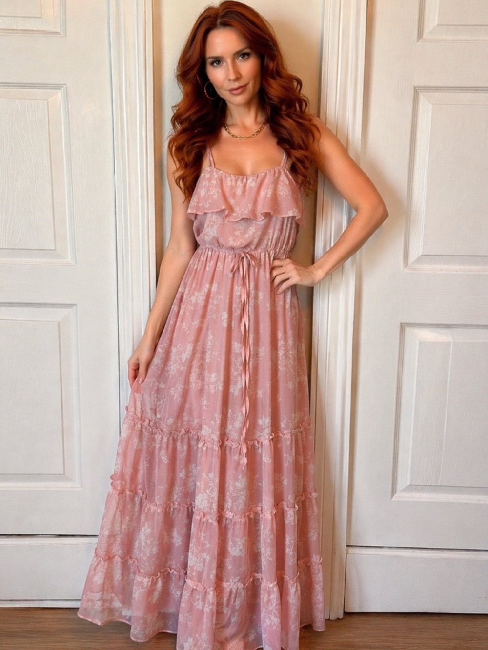 miami Blush Pink Floral Ruffle Maxi Dress